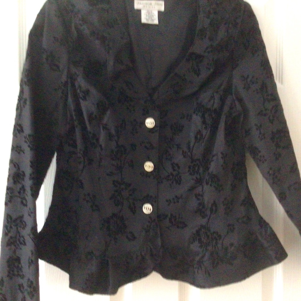 Jackie Jon Black Floral Velvet Jacket with Rhinestone Buttons … Size 10 Petite